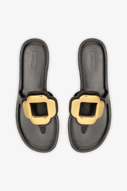 Margherita Thong Sandal in Black Leather and Gold Hardware