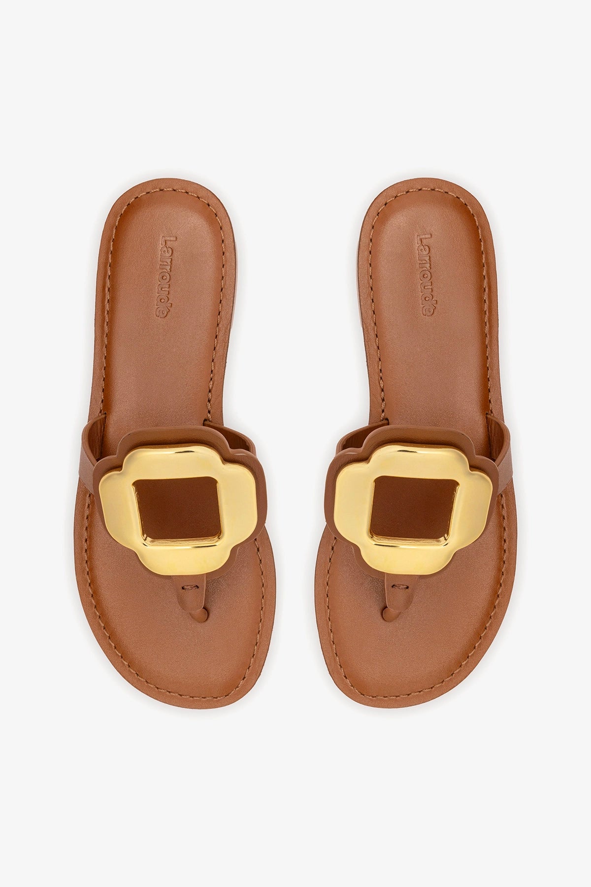 Margherita Thong Sandal in Caramel Leather and Gold Hardware