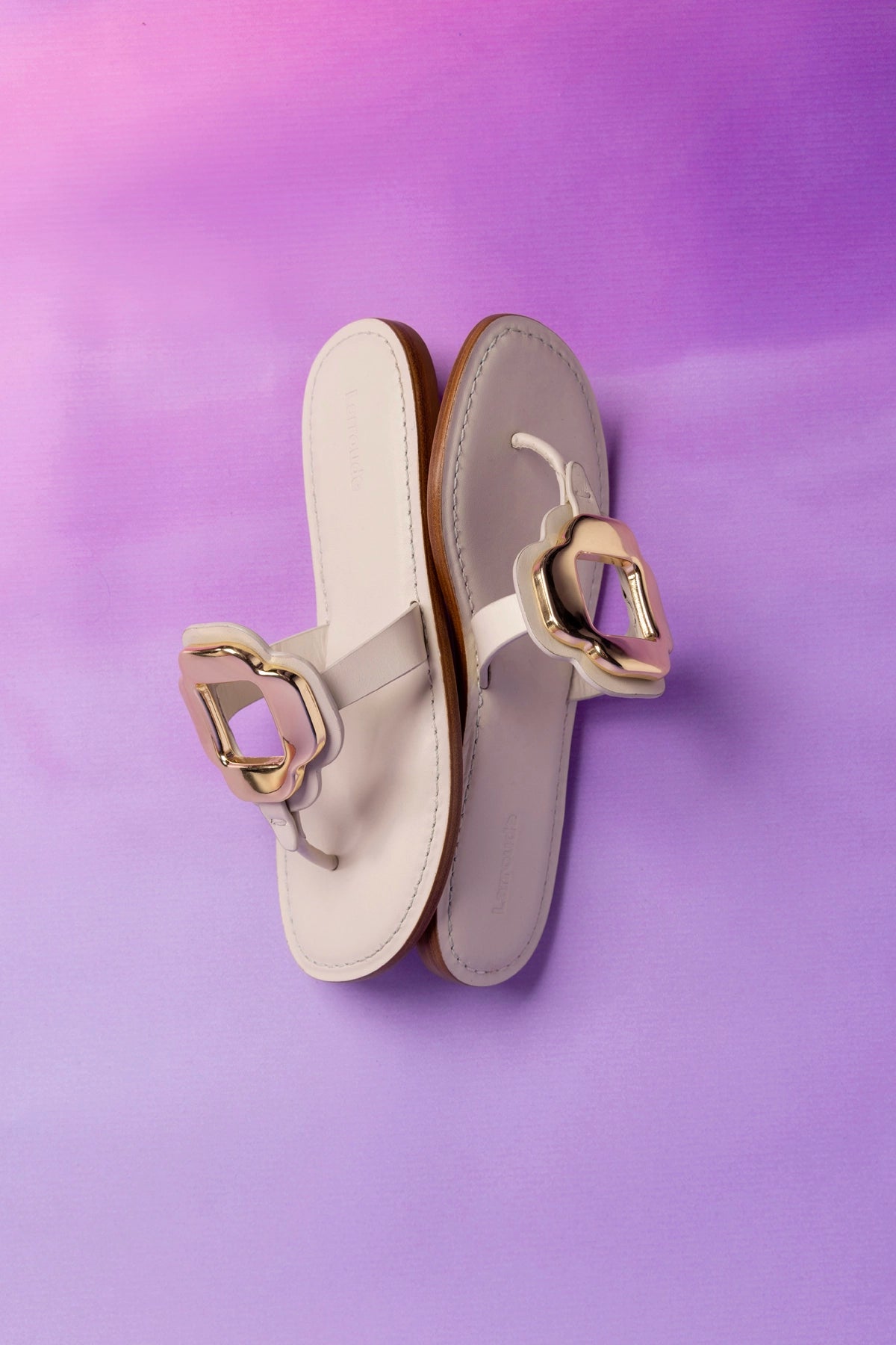 Margherita Thong Sandal in Ivory Leather and Gold Hardware