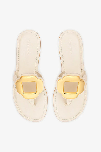 Margherita Thong Sandal in Ivory Leather and Gold Hardware