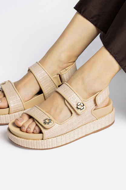 Jetty Sandal In Natural Beach Raffia and Beige Leather