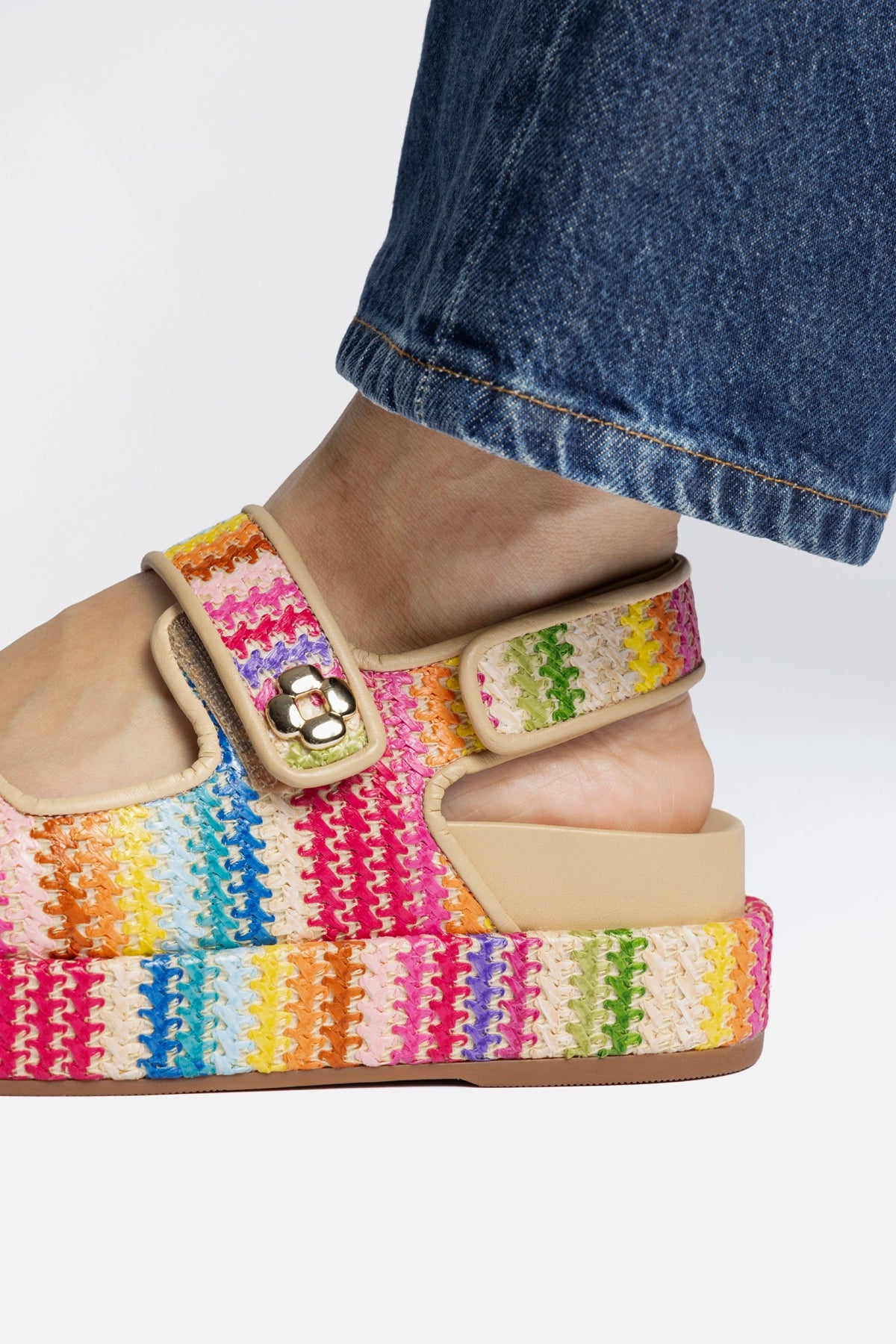 Jetty Sandal In Rainbow Raffia and Beige Leather