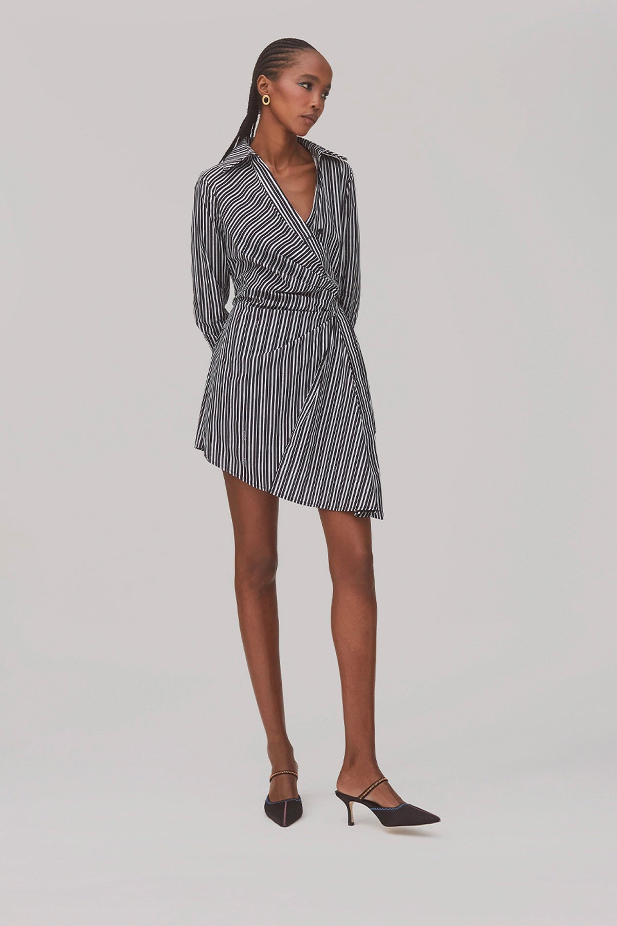 Sashi Wrap Dress In Black and White Striped Cotton