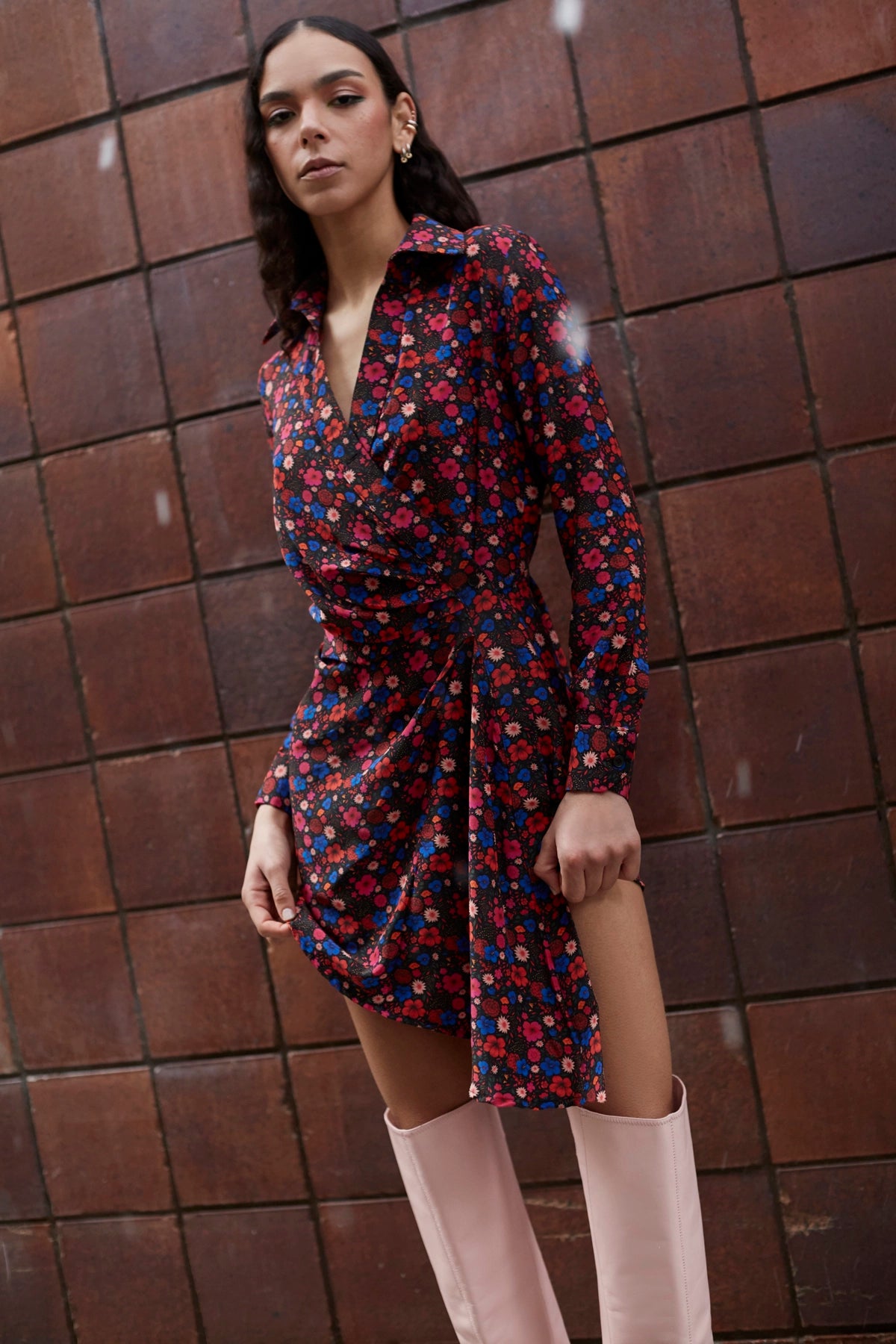 Sashi Wrap Dress In Black Floral Silk