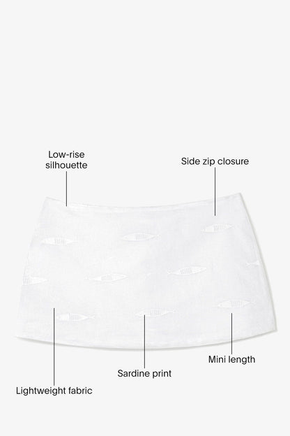 Ava Mini Skirt White Embroidered Fish Cotton