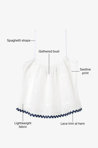 The Perfect Tank Top Embroidered Fish with Navy Trim