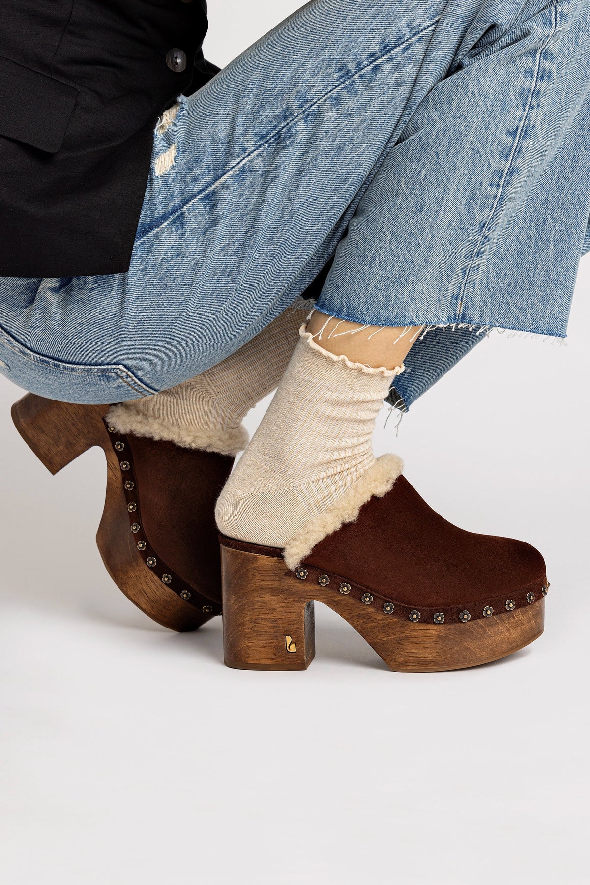 Miso Wooden Platform Clog In Brown Suede And Natural Shearling