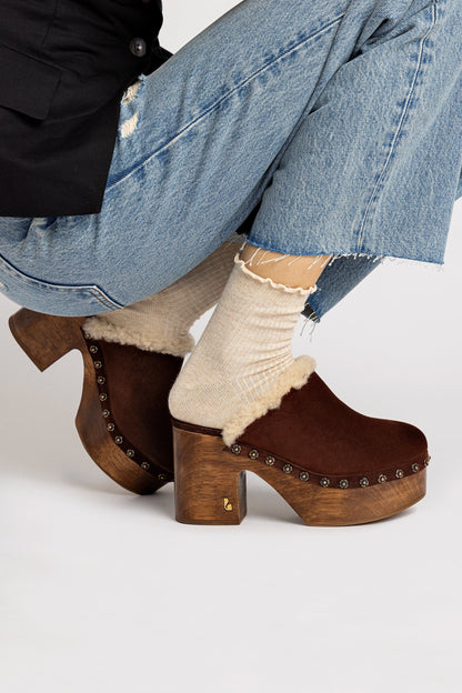 Miso Wooden Platform Clog In Brown Suede And Natural Shearling
