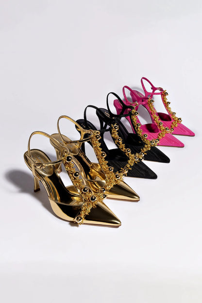 Larroudé x Libertine Pump In Magenta Fabric and Golden Balls