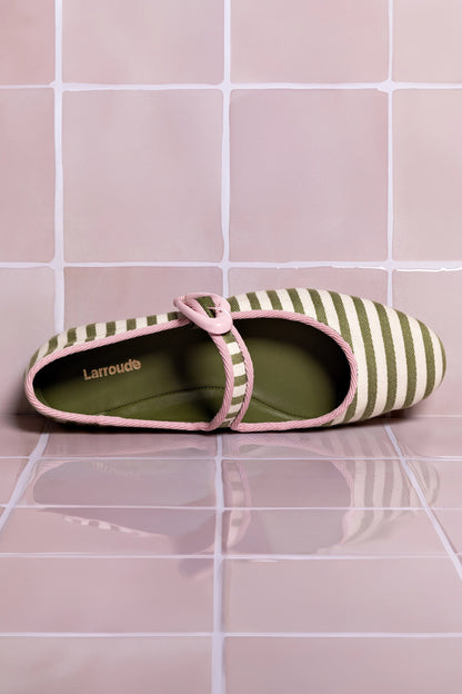 Verona Ballet Flat In Seaweed and Natural Striped Fabric and Tulip Trimming