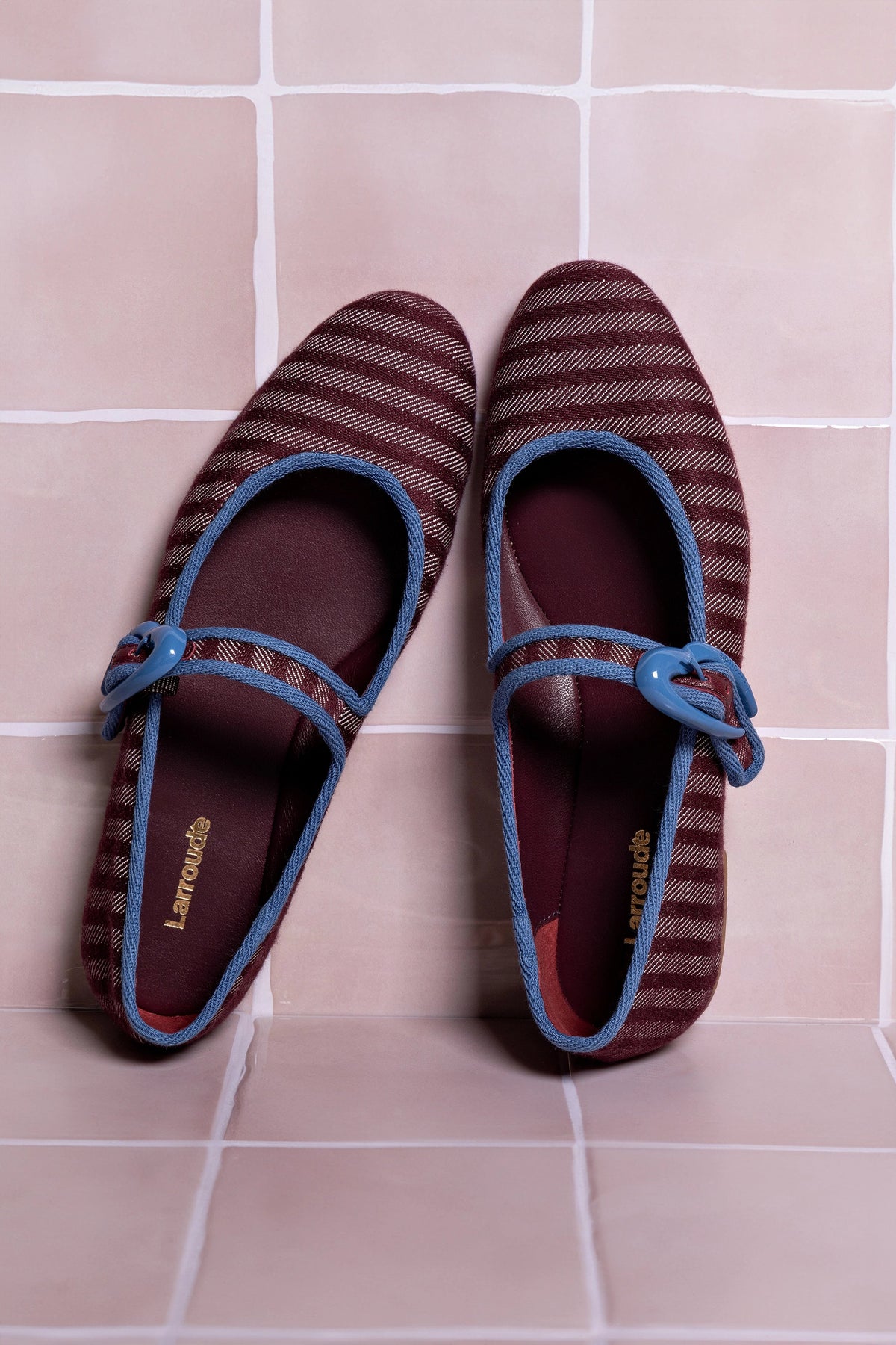 Verona Ballet Flat In Wine Striped Fabric and Blue Stoned Trimming