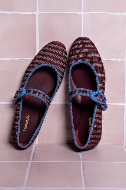 Verona Ballet Flat In Wine Striped Fabric and Blue Stoned Trimming