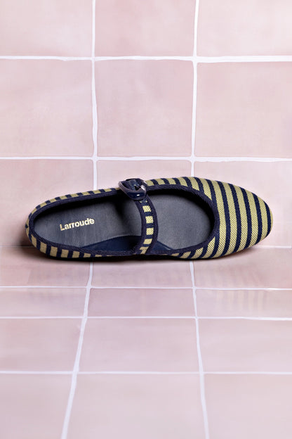 Verona Ballet Flat In Navy and Green Striped Fabric and Navy Trimming