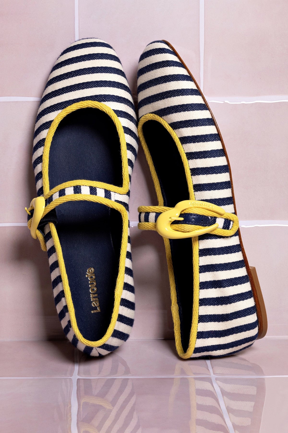 Verona Ballet Flat In Navy and Natural Striped Fabric and Lemonade Trimming