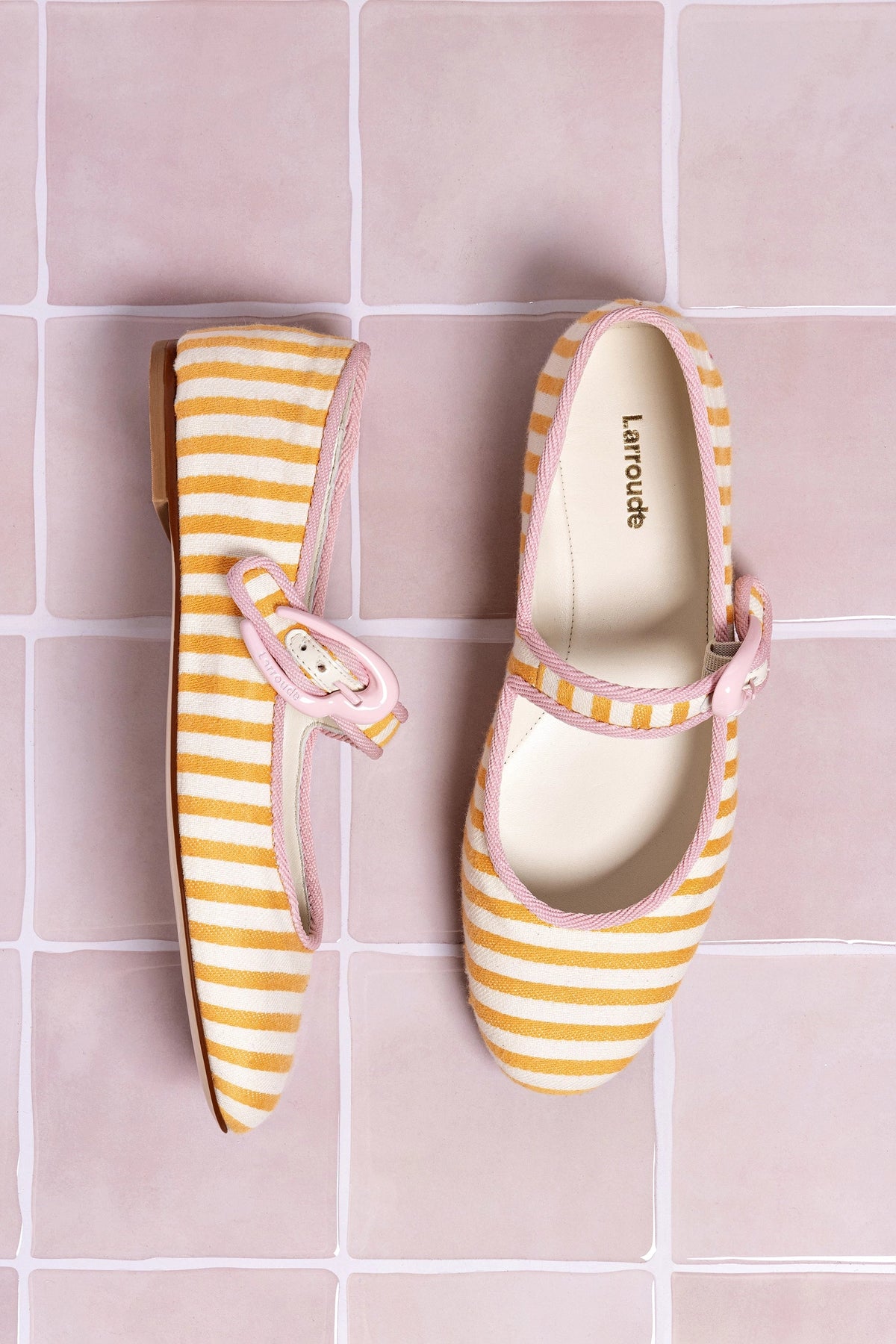 Verona Ballet Flat In Marigold and Natural Striped Fabric and Tulip Trimming